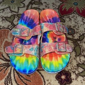 Nicole Miller Tie Dye Rhinestone Double Strap Sandals